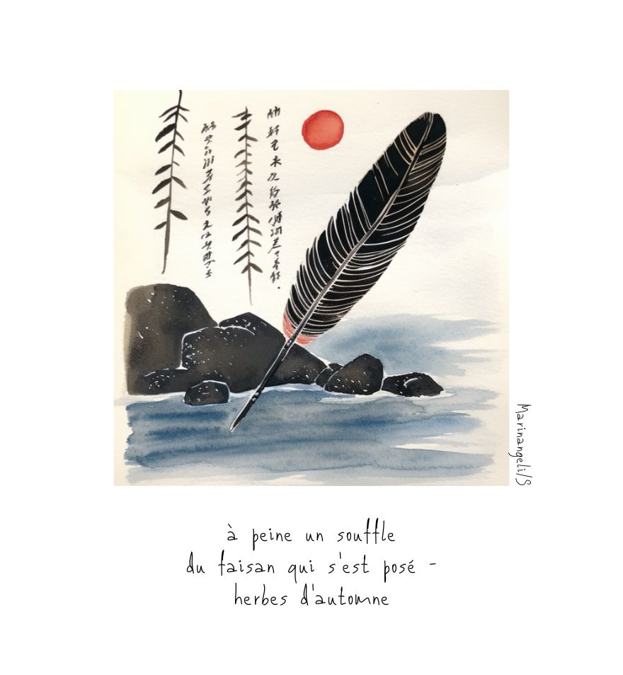 Haiga dessin haïku faisan